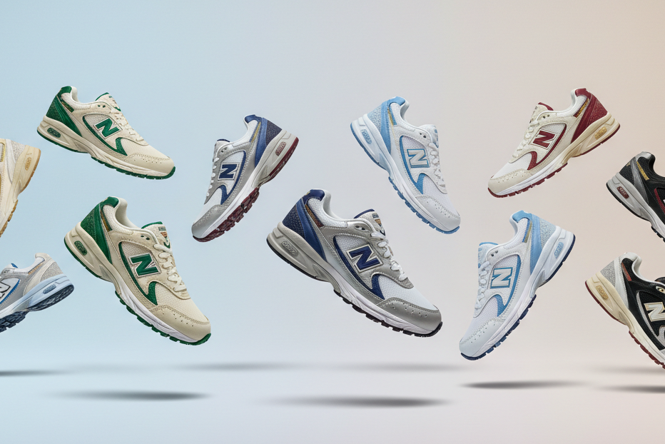 a bunch of new balance 530 shoes floating next to each other in beautiful way and aesthetic way